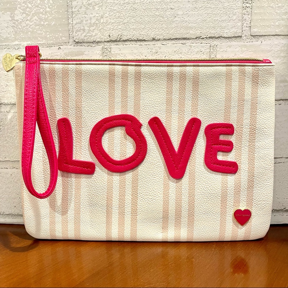 Betsey Johnson Pink and Cream Padded Wristlet Cosmetics Tote LOVE w/Rose Lining